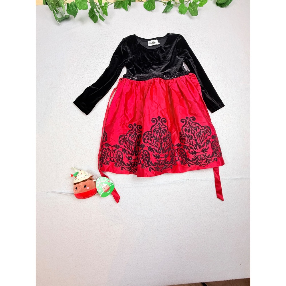 Rare Editions Girls Red Black Velvet Damask Sequin Holiday Dress Size 6 H793517